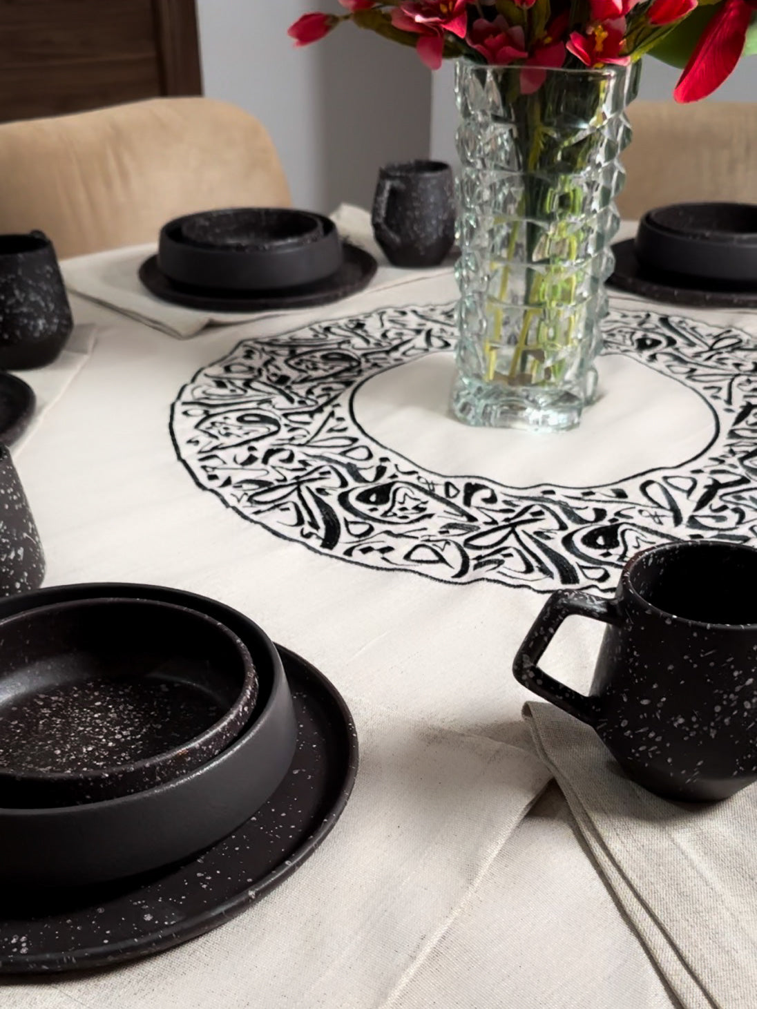 nappe de table ronde calligraphie