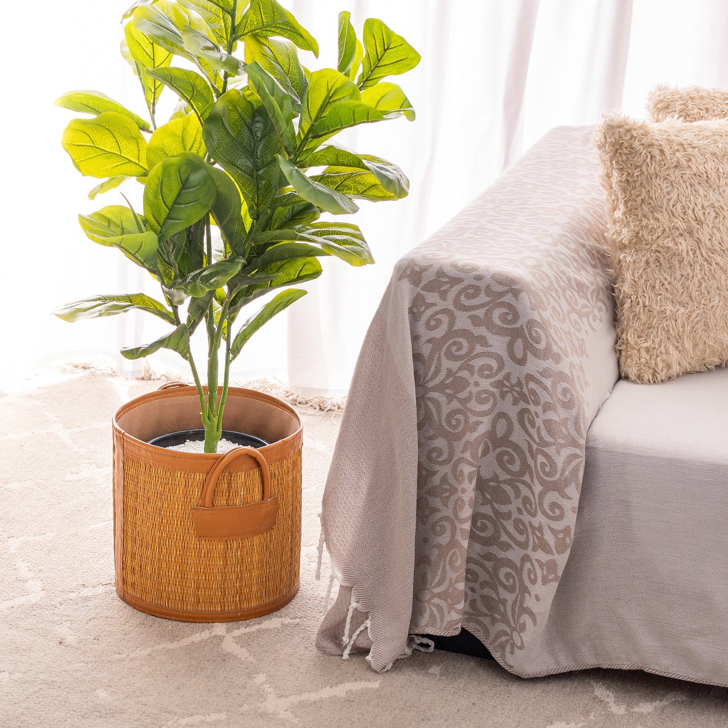 Cache Pot original en forme cylindrique - Smar et semi cuir Camel - Fait Main