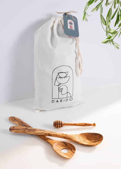 Wooden Utensils Set of 3 - Wooden Spoon ,Risotto Spoon and Honey Stirrer - Darido
