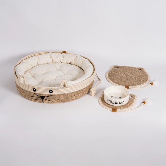 Ensemble Complet pour Chat  Panier Lit, Tapis et  Gamelle